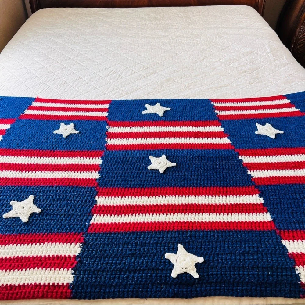 Handmade, Crocheted American Flag Blanket.  32”x72”